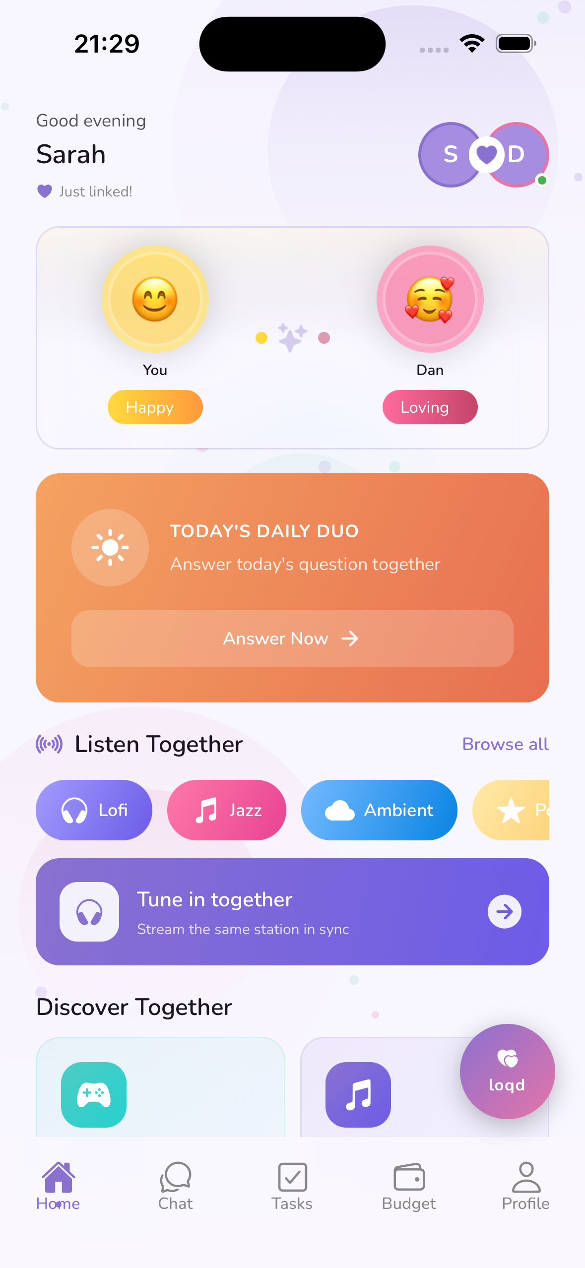 loqd app home screen showing mood sharing, daily duo, and listen together features